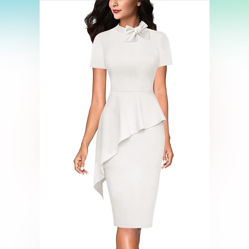 Women’s white mock neck with bow short sleeve asymmetrical peplum dress